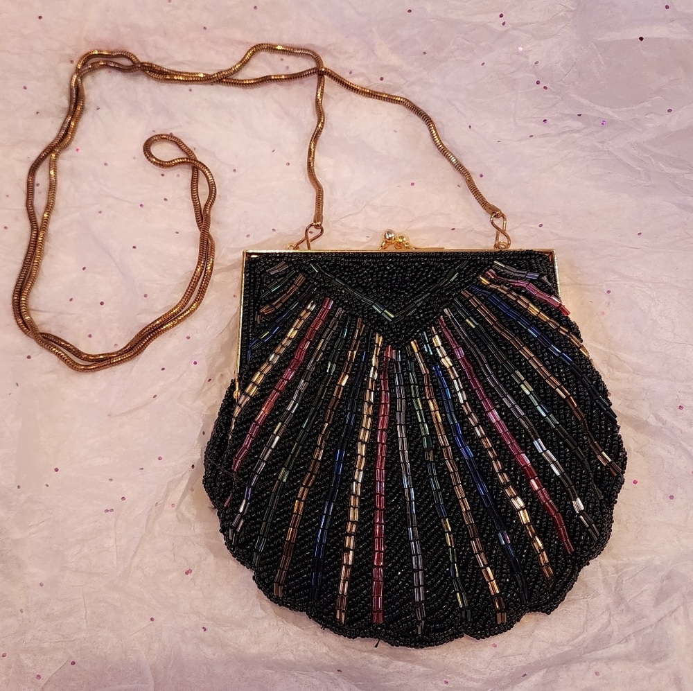 Vintage Valerie Stevens Hand Made Evening Handbag Black multicolored Glass Beads